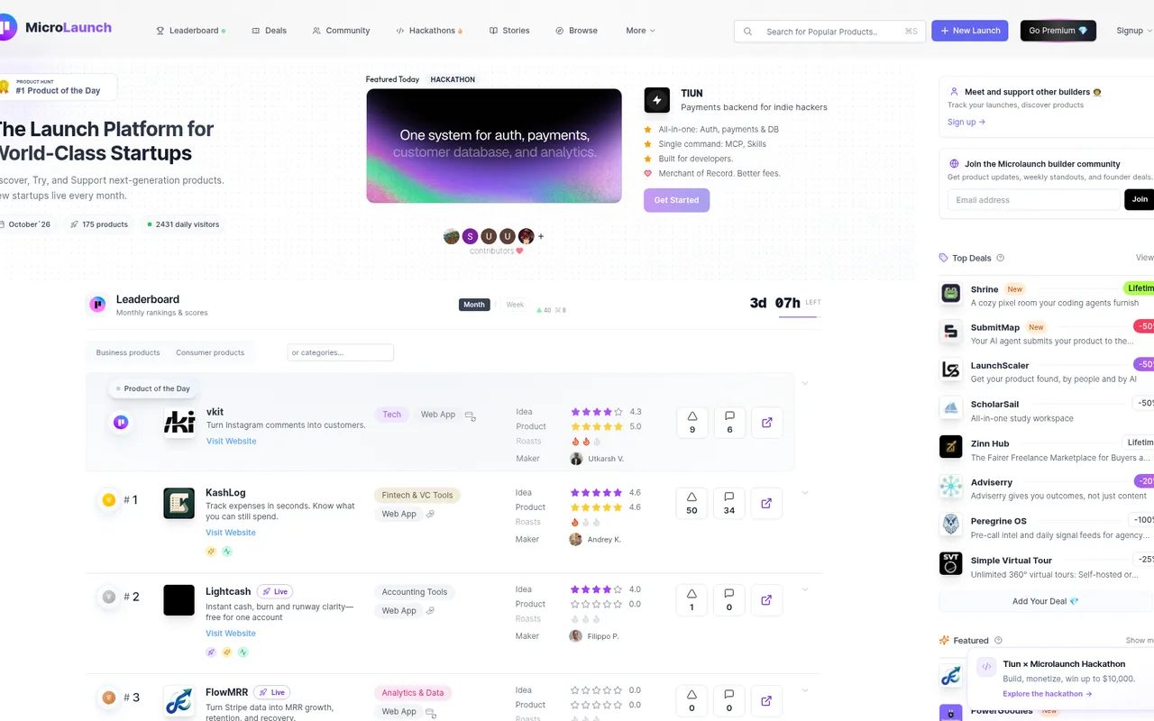Microlaunch home page on 2026-10-28